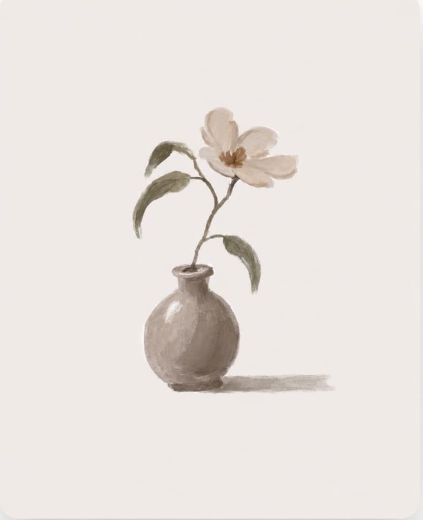 Painted single bloom in a small clay vase against a soft cream background.