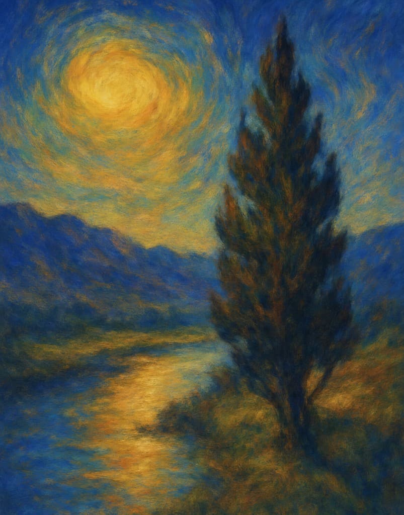 Painterly cypress tree beneath a glowing moon.