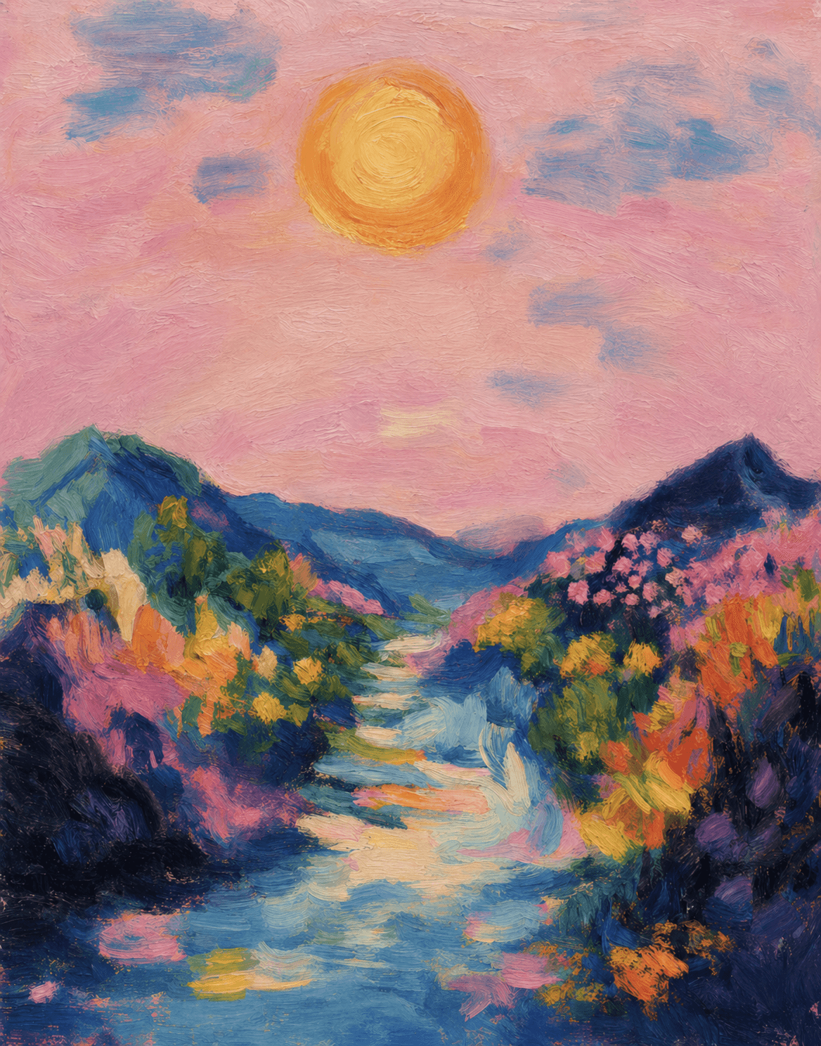 Painterly rainbow over a colorful valley at sunrise.
