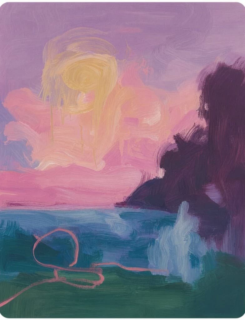 Painterly seascape under a soft sunset.